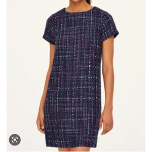 LOFT Navy Blue Boucle Tweed Shift Dress 12 L Large Short Sleeve Career